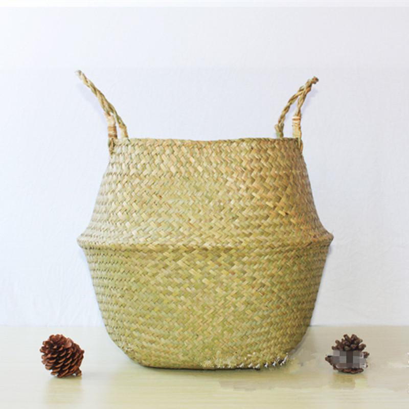 Mini trawa morska kosz do przechowywania brzucha kosz ze słomy ręcznie wiklinowy różowy kwiat ogrodowy doniczka kosz na pranie GPD8329: Diameter 19cm / Natural color