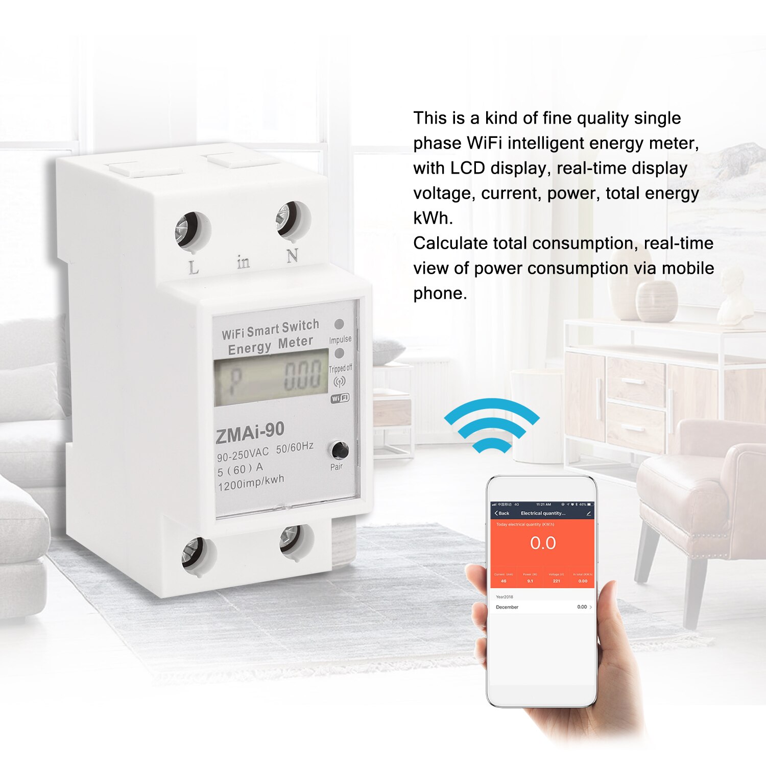 Single Phase Din Rail Wifi Smart Energy Meter Power Consumption Kwh Meter Wattmeter Support Smartlife/Tuya App Alexa Google Home