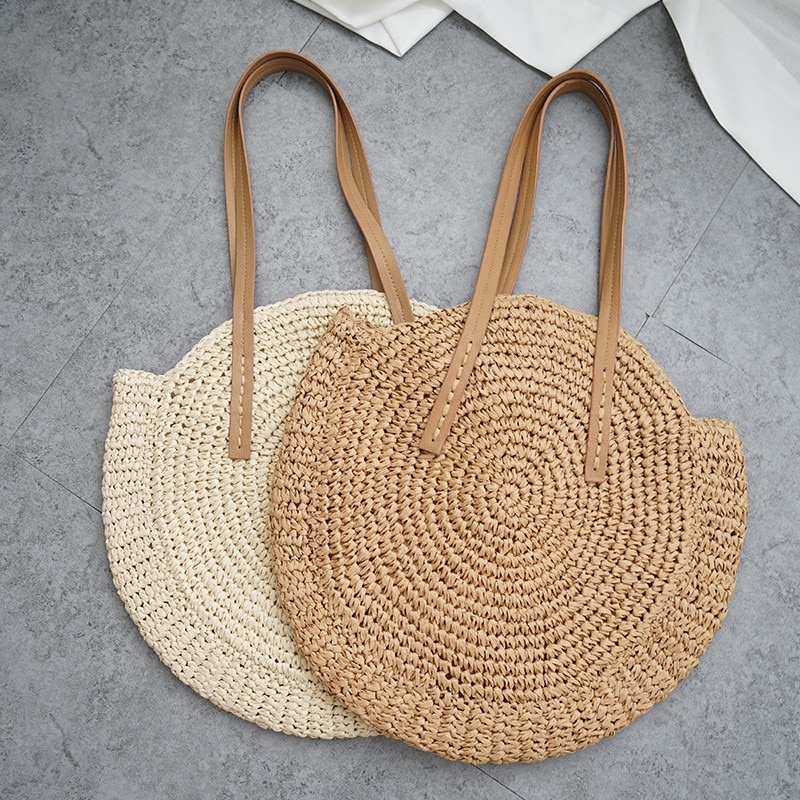 Vintage Strozak Ronde Rotan Zakken Handgemaakte Zomer Zakken Geweven Strand Dames Cirkel Schoudertas Bohemen Meisjes Reizen Handtassen