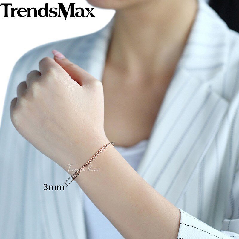 Trendsmax 3mm armbånd til kvinder piger 585 rose guld rolo link kvinde armbånd smykker 18cm 20cm 23cm gb395