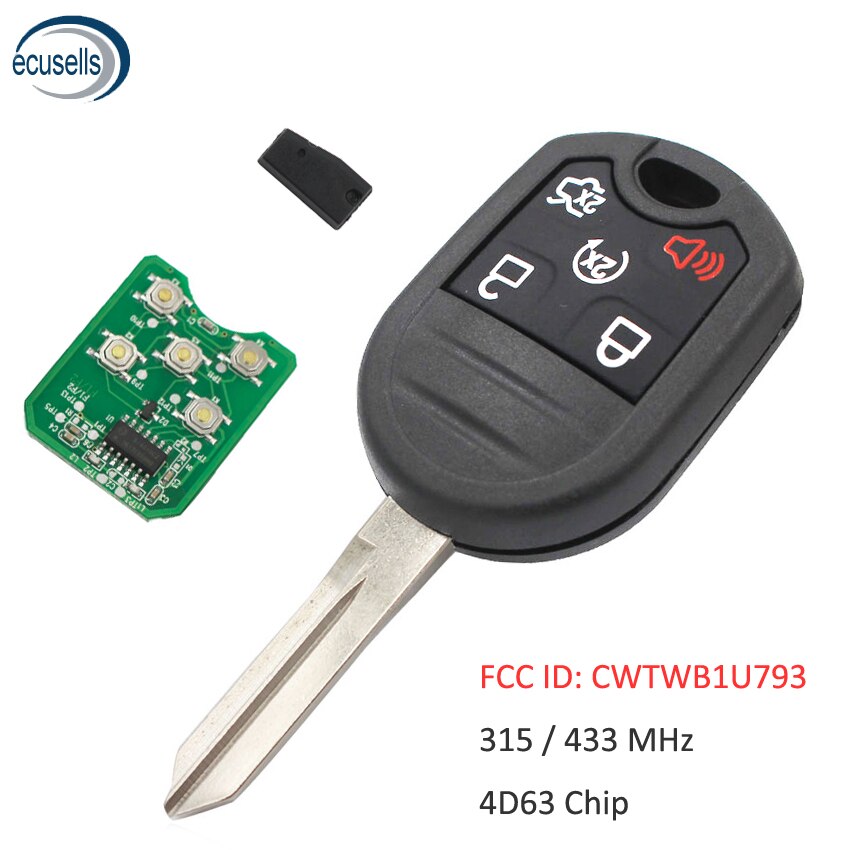 5 Button Remote Key Fob for Ford Explorer Windstar 315/433MHz with 4D63 80bit Chip FCC: CWTWB1U793