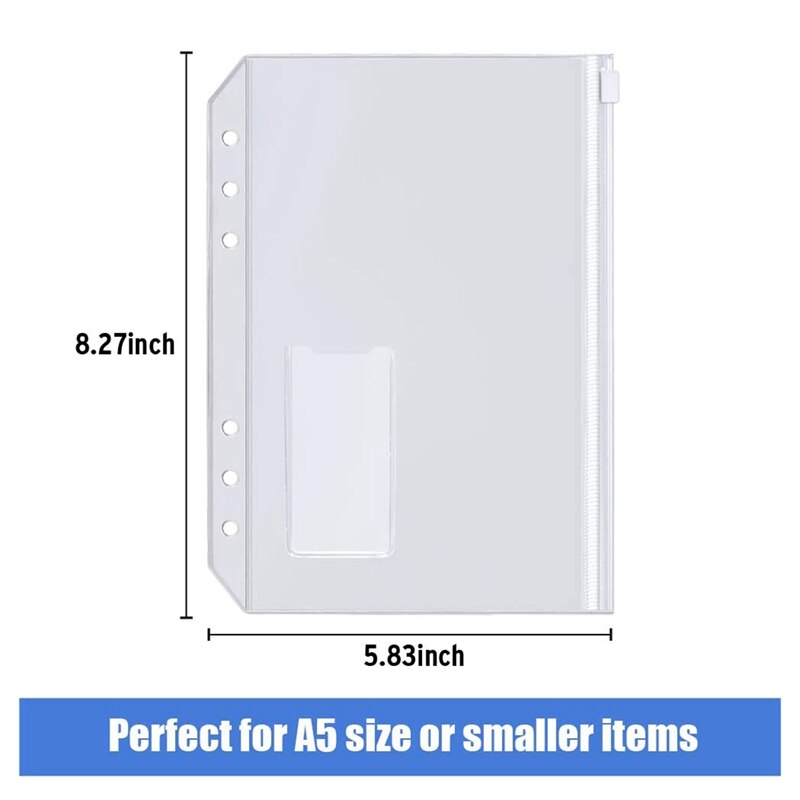 Pochettes de classeur A5 à 6 trous, poche de reliure perforée à fermeture éclair avec poche à fermeture éclair en plastique pour classeur pour ordinateur portable à 6 anneaux, -15Pcs