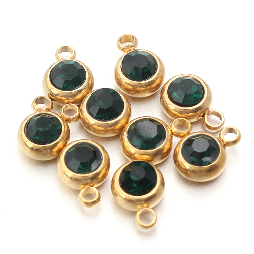 10pcs/lot Stainless Steel Birthstone Pendant 6mm Flat Round Rhinestone Charms Pendant For DIY Jewelry Making Necklace Bracelet: Light Yellow Gold Color