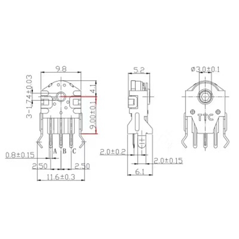 TTC 7/8/9/10/11/12/13/14/15/16 mm rotierend Maus scrollen Gold Rad Encoder mit 1,74 mm Lochmarkierung, 20–40 g Kraft für PC-Maus