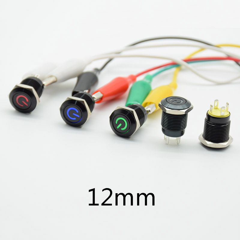 Push Button Switch 4 Pin 12mm Waterproof illuminated Led Light Metal Flat Momentary Switches with power mark 3V 6V 12V 24V 220V