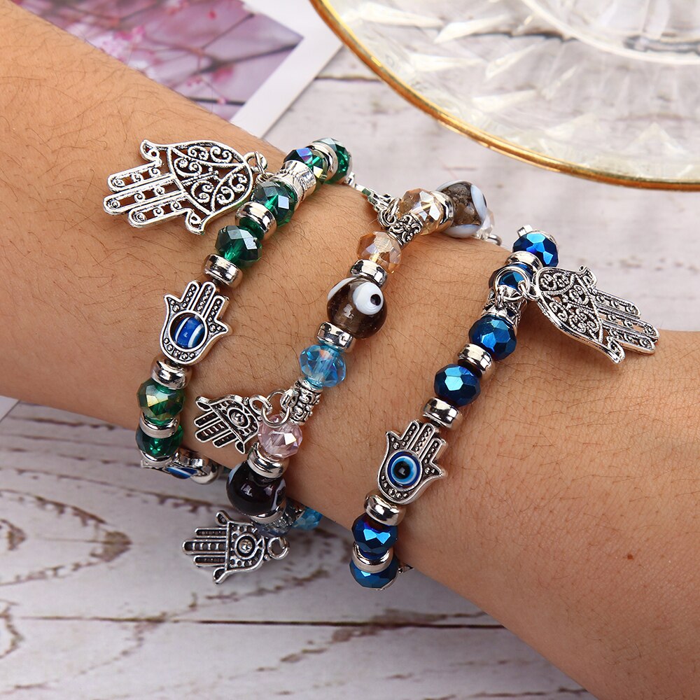 Bracelet élastique mauvais œil turc pour hommes, breloques en cristal, main de Fatima, perlé, réglable, bijoux de Yoga,