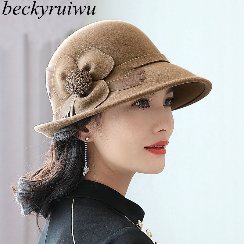Beckyruiwu up-turn brim flower 100%  uldfilt hatte dame banket formel uld fedora hat
