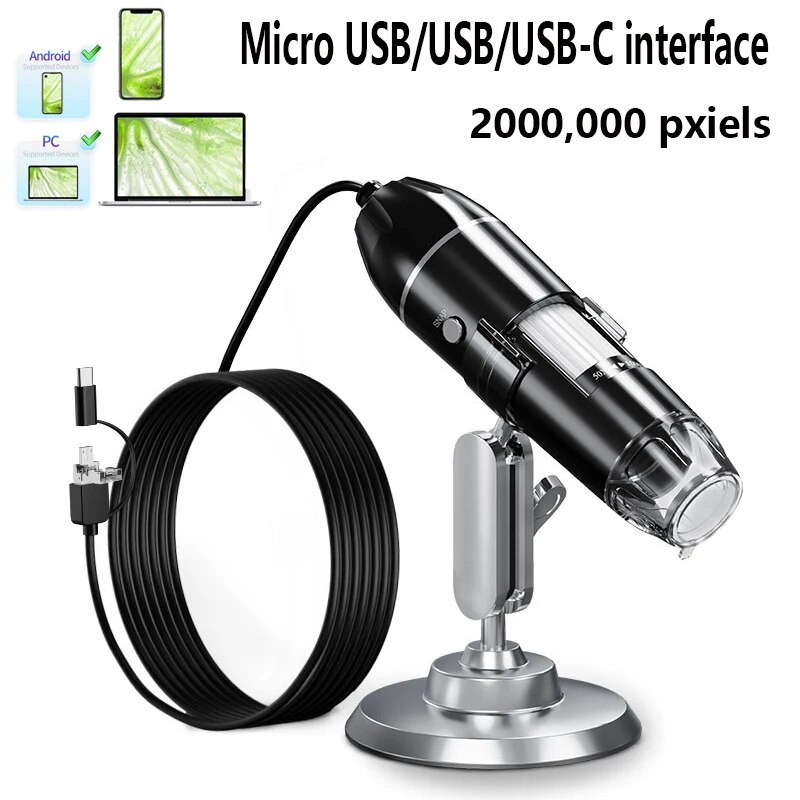 Cámara microscópica Digital 1600X 3 en 1 con soporte microscopio electrónico portátil para soldar lupa LED tipo C USB Android: Naranja