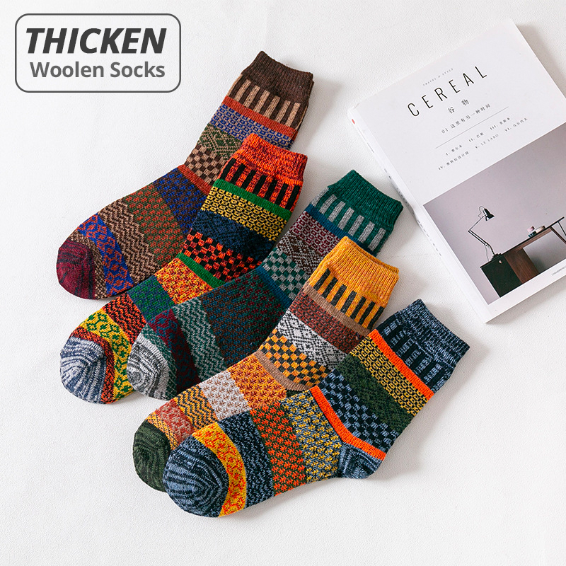 HSS-calcetines gruesos de lana para hombre, medias cálidas de estilo Retro nacional, botas de nieve cuadradas para pequeñas rayas, 5 par/lote