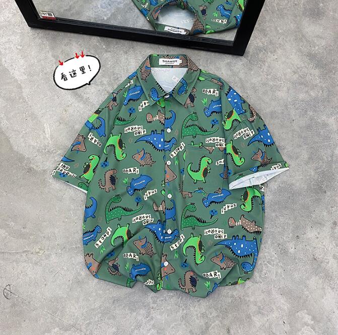 Zomerse harajuku blouse heren tops turn-down kraag losse korte mouwen heren overhemd casual dinosaurus print hawaii shirts: Groente / Xxl 73-80kg