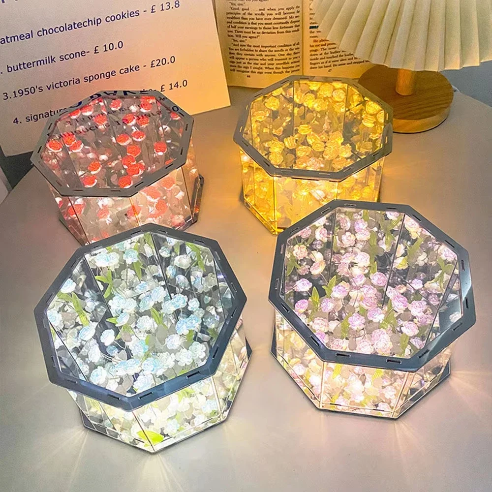 Diy tulipan nattlampe led dekorativ blomsternattlampe magisk kube bordlampe og speil til bilpynt jul