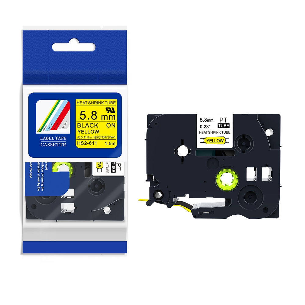 MIX PUTY 5 STUKS verschillende model HSE-611, HSE-621, HSE-631, HSE-641, HSE-651 Zwart op Geel P-TOUCH PT-H300 krimpkous tapes