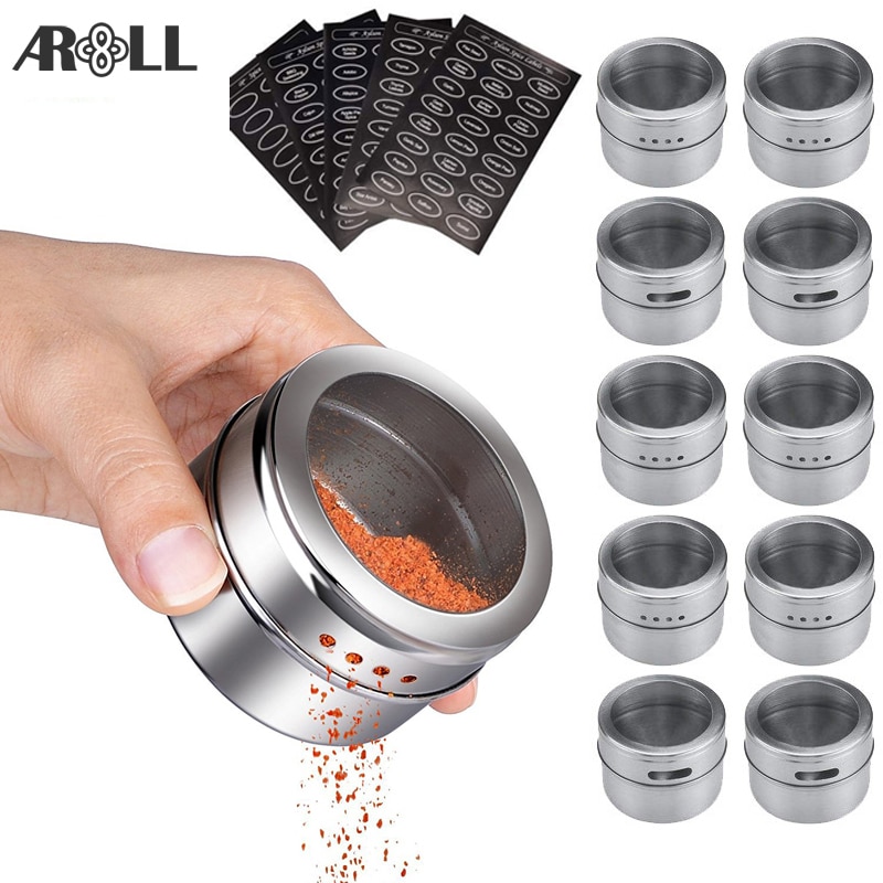 Magnetic Stainless Steel Spice Jars Tins Set with Clear Lid Labels Sticker Seasoning Pepper Spice Storage Container Jars