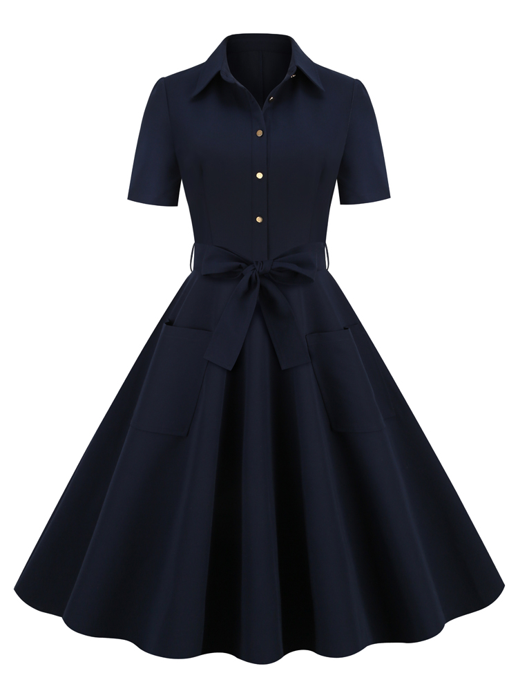 Tonval Marineblau Jahrgang Aufstecken Kleid Baumwolle lange Kleider Frauen Knopf oben Gürtel Rockabilly schwingen Kleid: XL / Marineblau