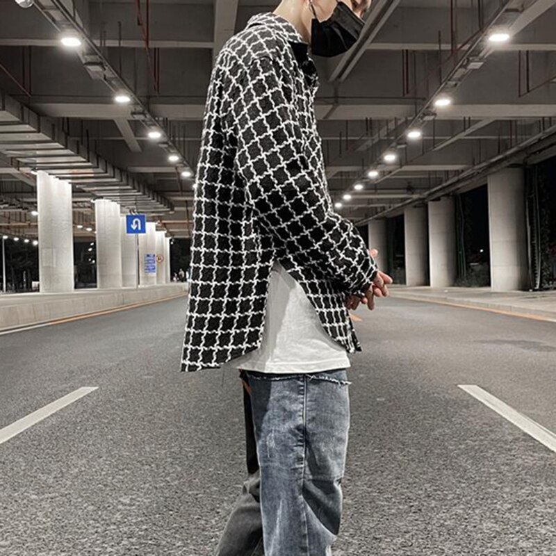 Camisa a cuadros de flor de anacardo para hombre, camisas de vestir de bloque de Color, ropa de calle japonesa Harajuku, solapa
