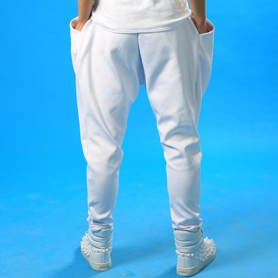Pantalones de hombre con personalidad para escenario, pantalones harem para hombre, pantalones para hombre, pantalones blancos novedosos de estilo callejero para cantante de baile rock a la para hombre