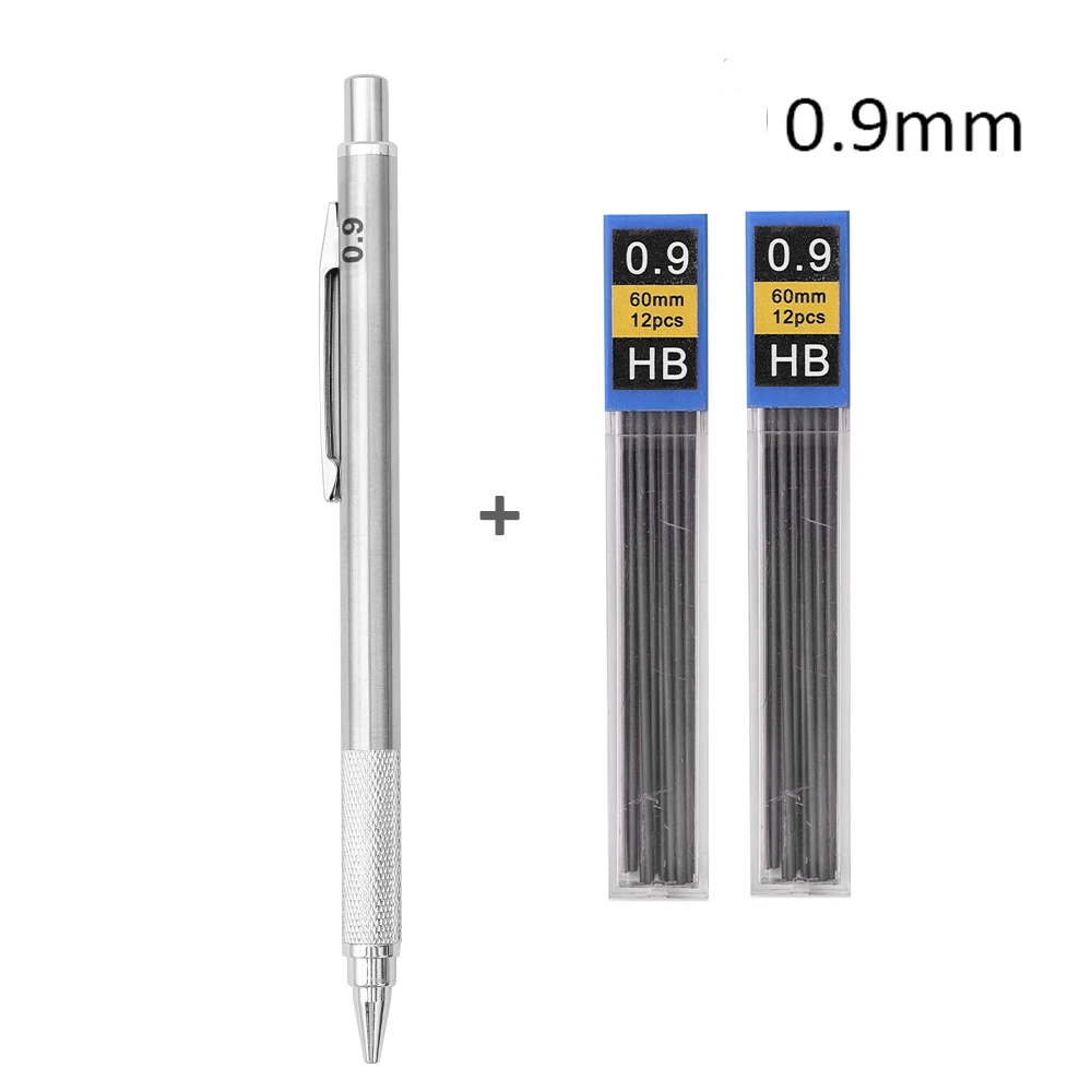 Metal Mechanical Pencil 0.3/0.5/0.7/0.9/1.3/2.0mm HB Leads Replaceable Refills Art Writing Drafting Drawing Home School Supplies: black