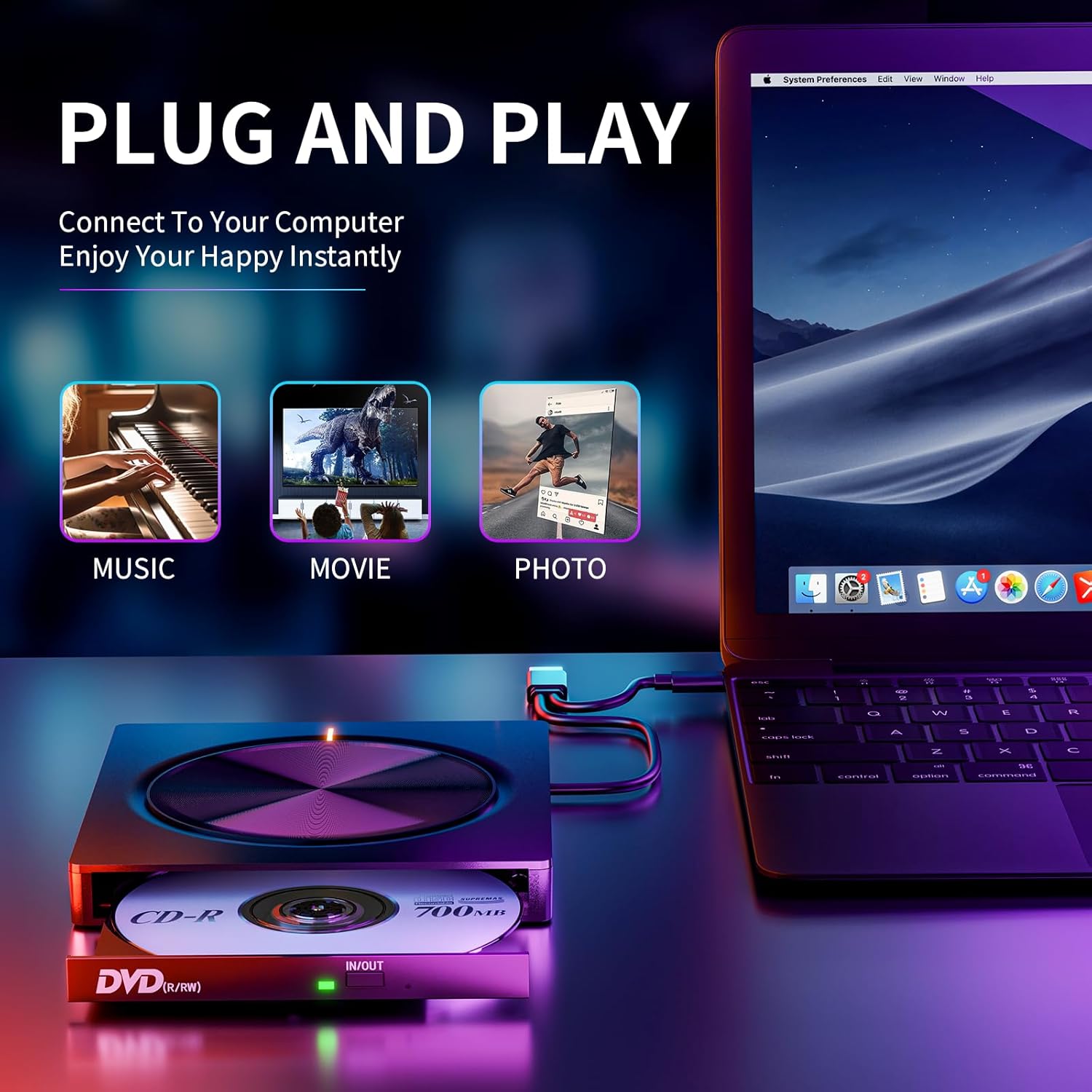 Reprodutor de cd/dvd externo 6 em 1 para laptop, leitor de dvd portátil, unidade rom para laptop, desktop, mac, windows 11/10/8/7
