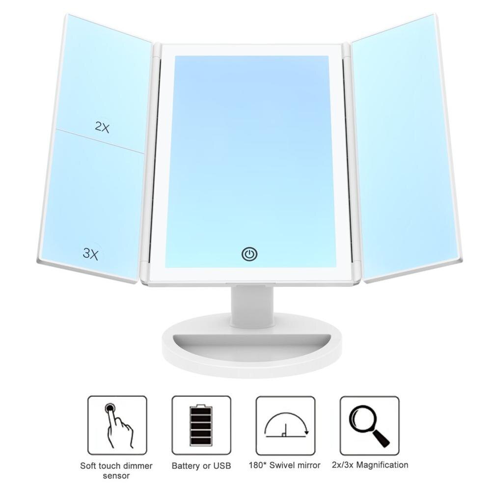 LED Desktop Three Fold Makeup Mirror 2x 3x 10x 180 Degree Free Rotation Table Countertop Cosmetic Bathroom Mirror
