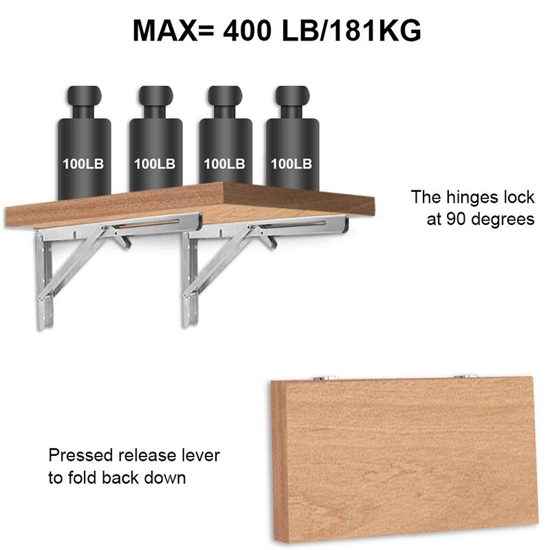 Heavy Duty Folding Shelf Brackets, 2Pcs Stainless Steel Collapsible Shelf Bracket with Mounting Screws for Table Work Bench, Spa
