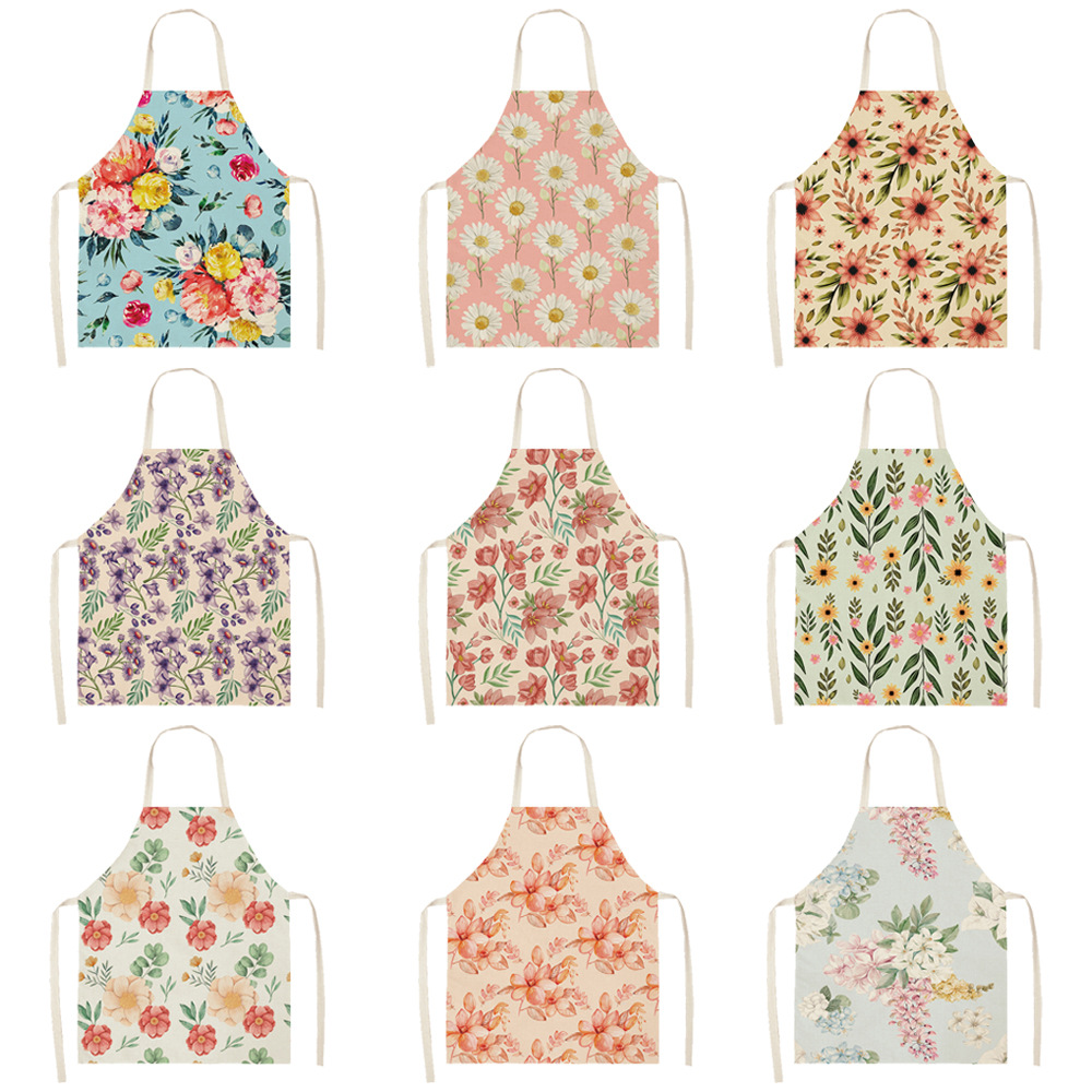 Bloemen Print Katoen Linnen Schort Keuken Vrouwen Bakken Taille Bib Thuis Koken Korte Mouwloze Overgooier 55x68cm
