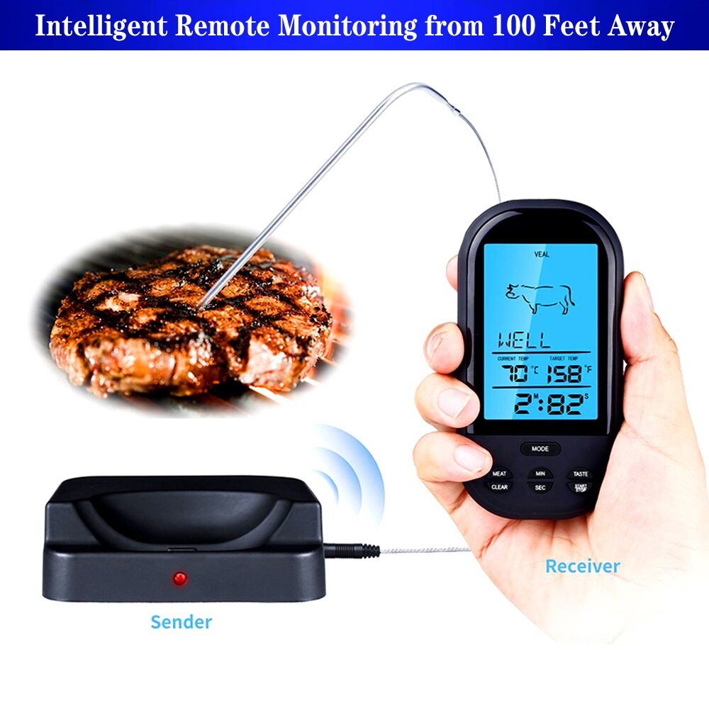 Wireless Digital Meat Thermometer - Remote BBQ Kitchen Cooking Thermometer for Oven Grill Smoker with Timer-Included Food Probe