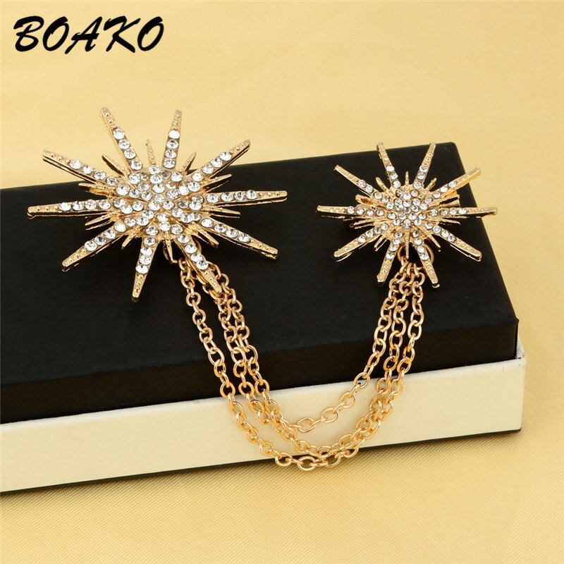 BOAKO Shining Crystal Snowflake Double Chain Tassels Brooch Women's Alloy Rhinestones Scarf Buckle Collar Pins Brooch Clip Badge: Gold