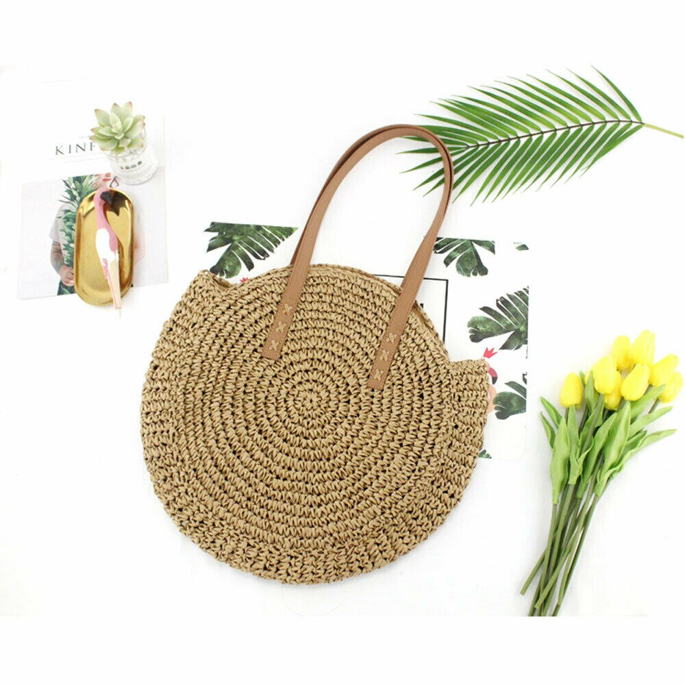 Stro Tassen Zomer Strand Rotan Schoudertassen Rieten Weave Handtas Crossbody Tassen: Bruin
