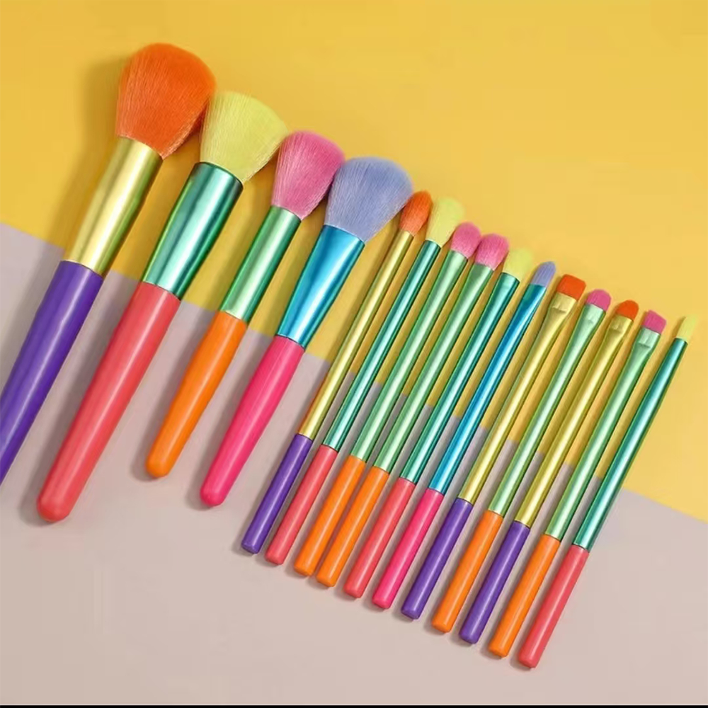 A set of 15 rainbow makeup brushes suitable for beginners - wand style , alcohol free polyester bristles,
