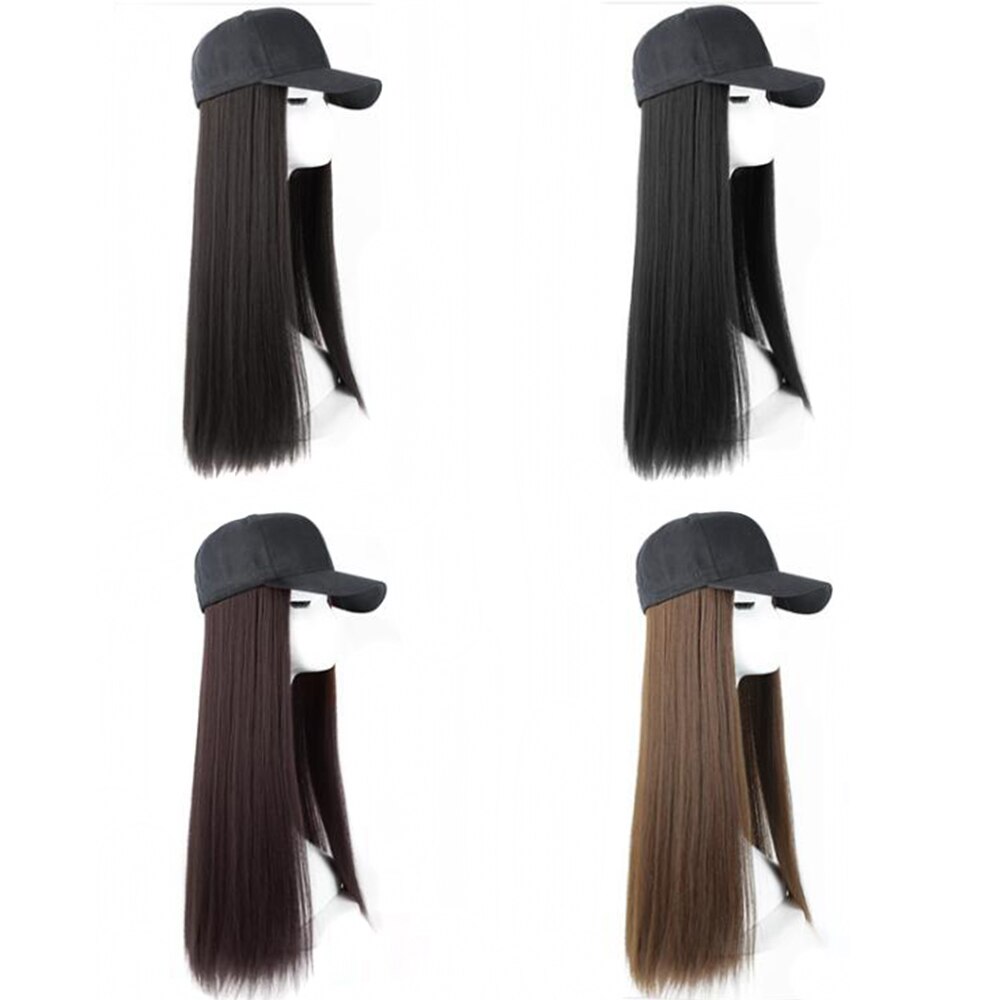 Long Straight Black Hat Baseball Cap with Hair Extension Brown Wig Hairpieces Synthetic Hair Pieces