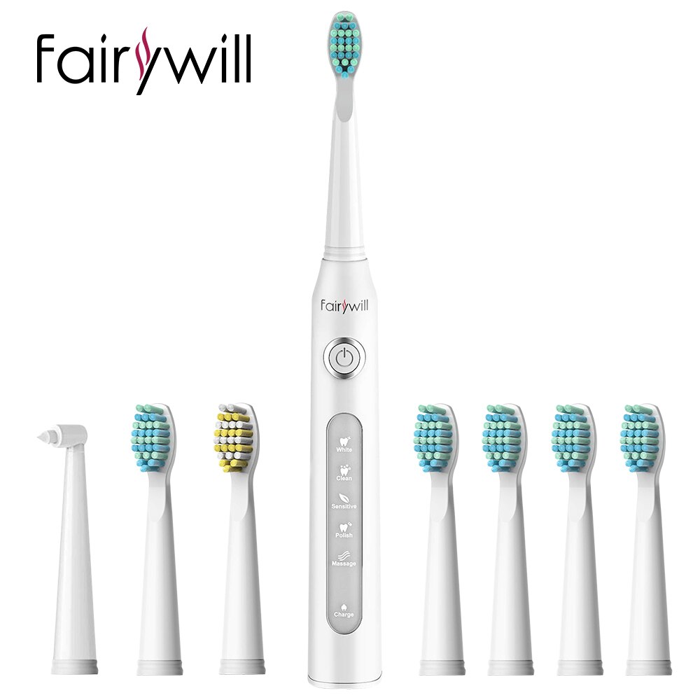 Fairywill FW-507 Electric Sonic Toothbrush Waterproof USB Charge Rechargeable Adult Electronic Tooth 8 Brushes Replacement Heads: FW-ET507White.FW01