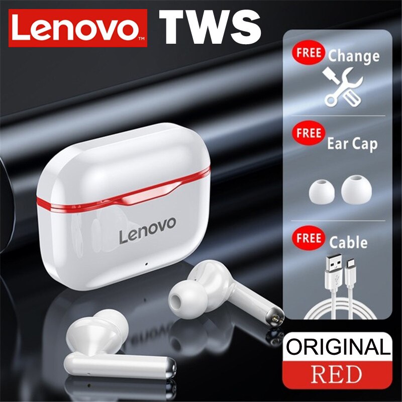 Lenovo LP1 TWS Earphone Bluetooth 5.0 Wireless Headset Waterproof Sport Earbud Noise Cancelling Headphones Dual Stereo HIFI Bass: red