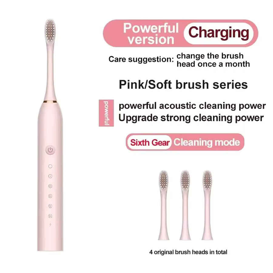 Brosse à dents électrique ultrasonique, Six vitesses, cheveux doux pour la maison, chargement USB, nettoyeur de dents étanche pour adulte, ensemble automatique pour Couple: Rose