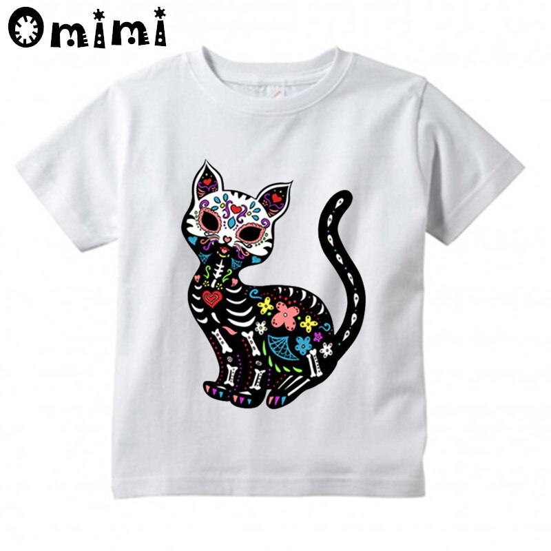 T-shirt à manches courtes pour garçons et filles, imprimé tête de mort et chat, blanc #39 humoristique