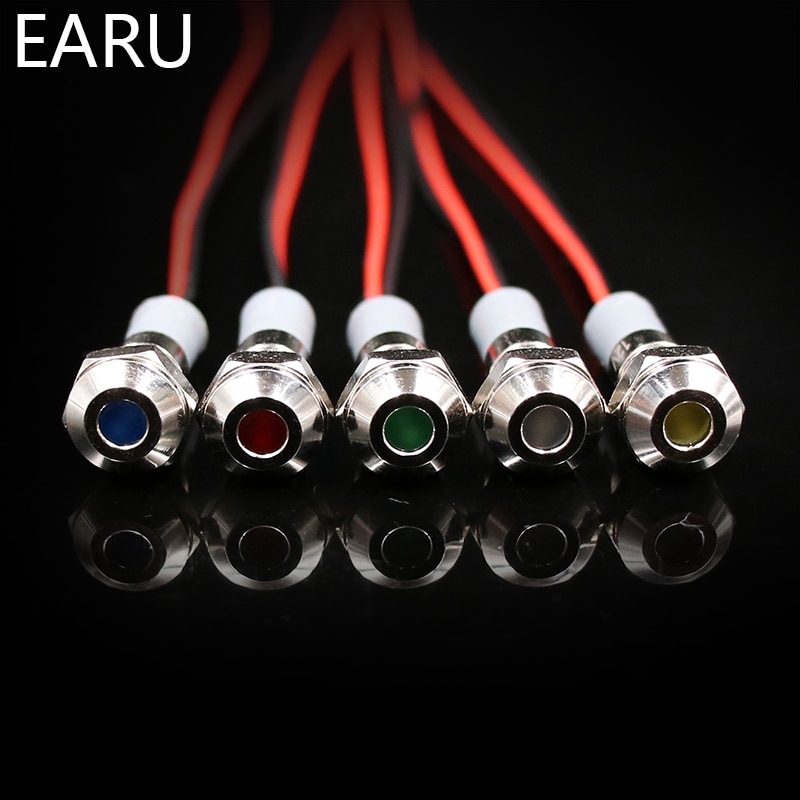 6mm IP67 Waterproof LED Metal Warning Indicator Light Pilot Signal Lamp + wire 3V 5V 6V 12V 24V 110V 220v Red Yellow Blue Green