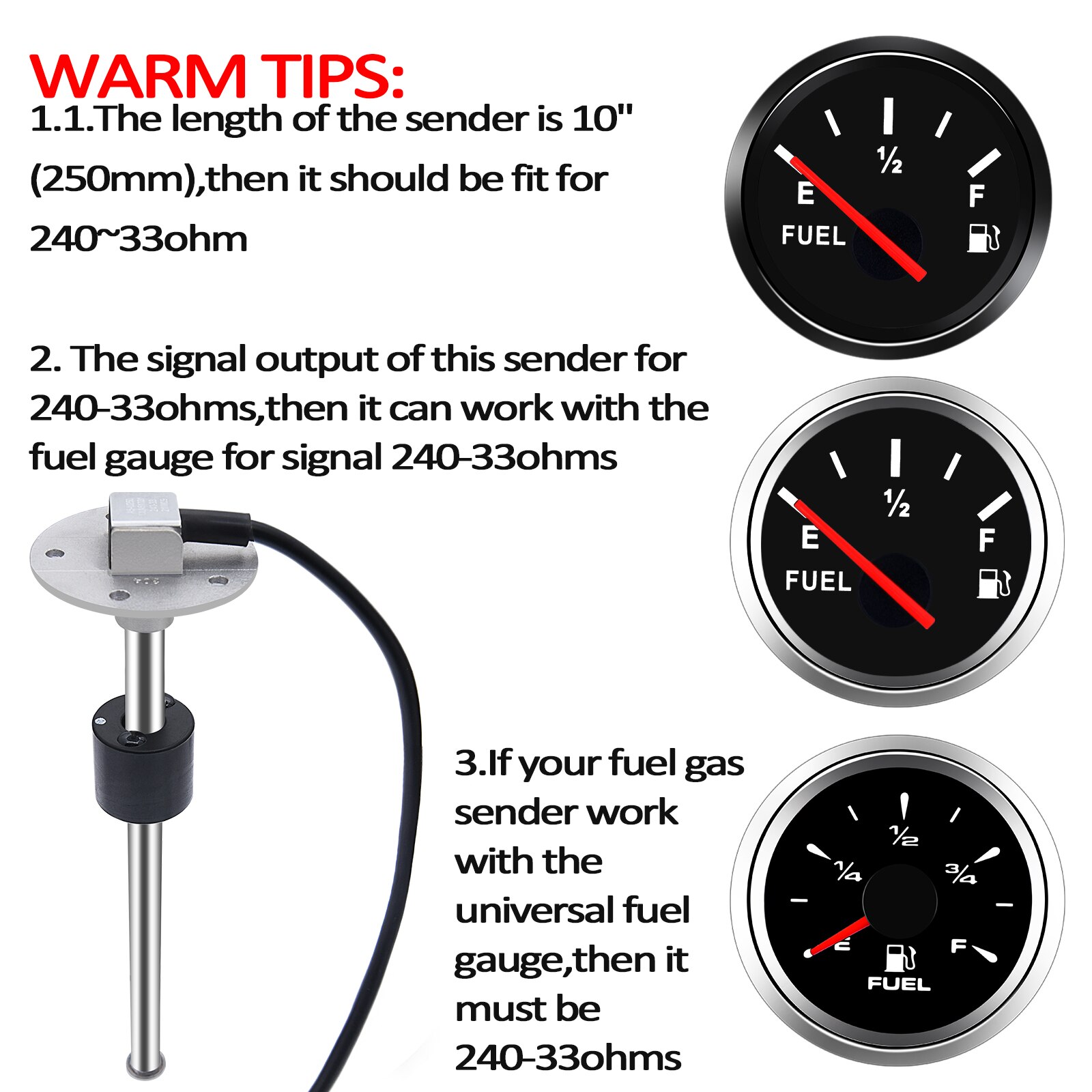Fuel Level Sensor 0~190 ohm / 240~33 ohm Boat Car Fuel Sender Unit Water Level Sensors with 150mm 200mm 250mm 300mm 350mm 450mm
