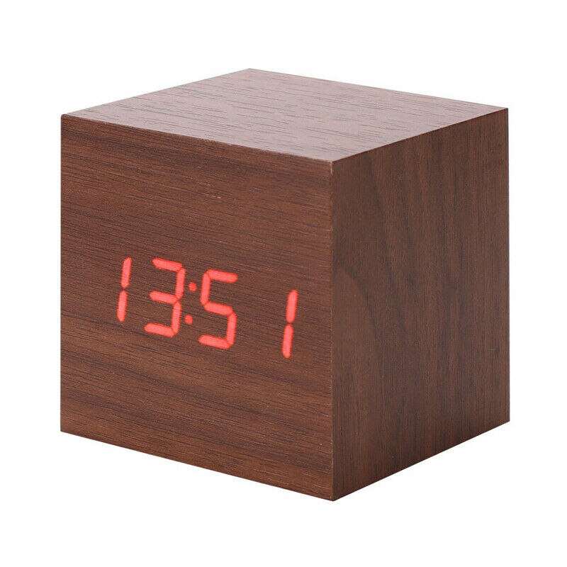 Digital LED Wood Wooden Cube Desk Clock Alarm Voice Control Thermometer Timer Calendar
