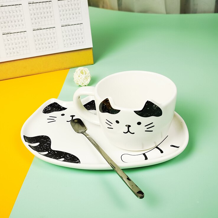 Keramische Kopje Koffie Sets Cartoon Kat Patroon Kopje Thee Dessertbord Outfit Leuke Koffie Kop En Schotel Set Geven weg Lepel: black white cat