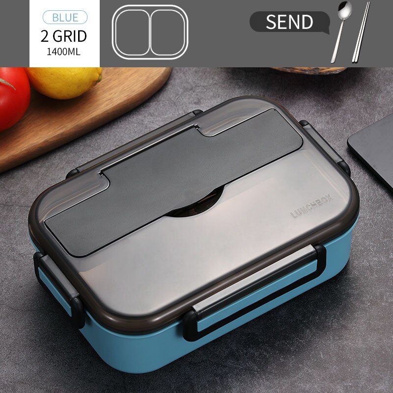 WORTHBUY fiambrera japonesa para niños con compartimentos, caja Bento de acero inoxidable 304 para niños, caja contenedora de alimentos con vajilla: 2 Grid Blue
