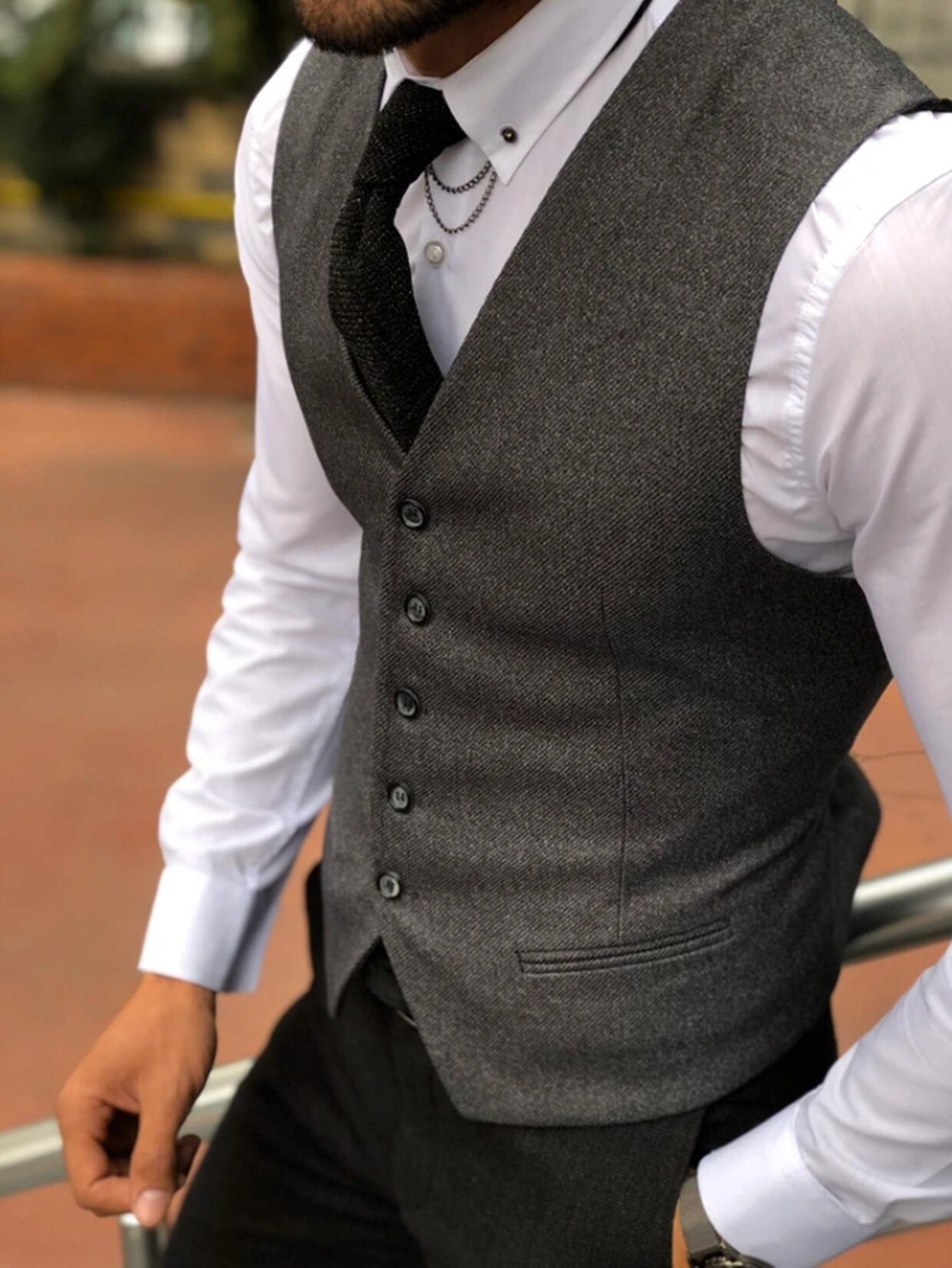 Men's 5 Button Herringbone Tweed Suit Vest Formal Groom's Wear Suit for Wedding Waistcoat