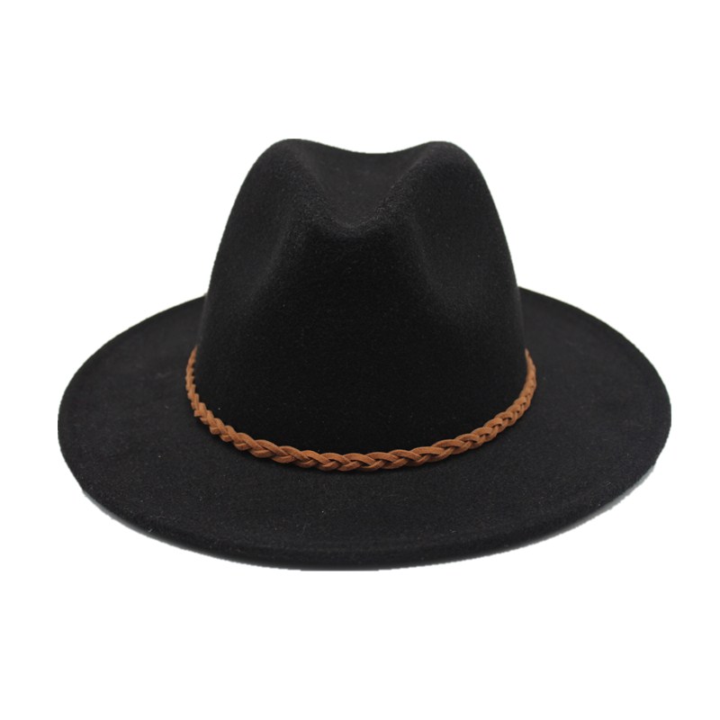 Seioum Wide Flat Brim wool felt Fedoras hats with Ribbon Band jazz trilby formal top hat panama cap Floppy Hat for men women: black