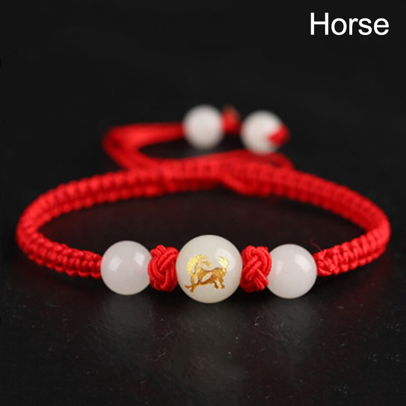 Chinese Stijl 12 Dierenriem Dieren Armband Unisex Handgemaakte Gevlochten Rode Draad Lucky Lichtgevende Steen Verstelbare Armband Paar: Horse