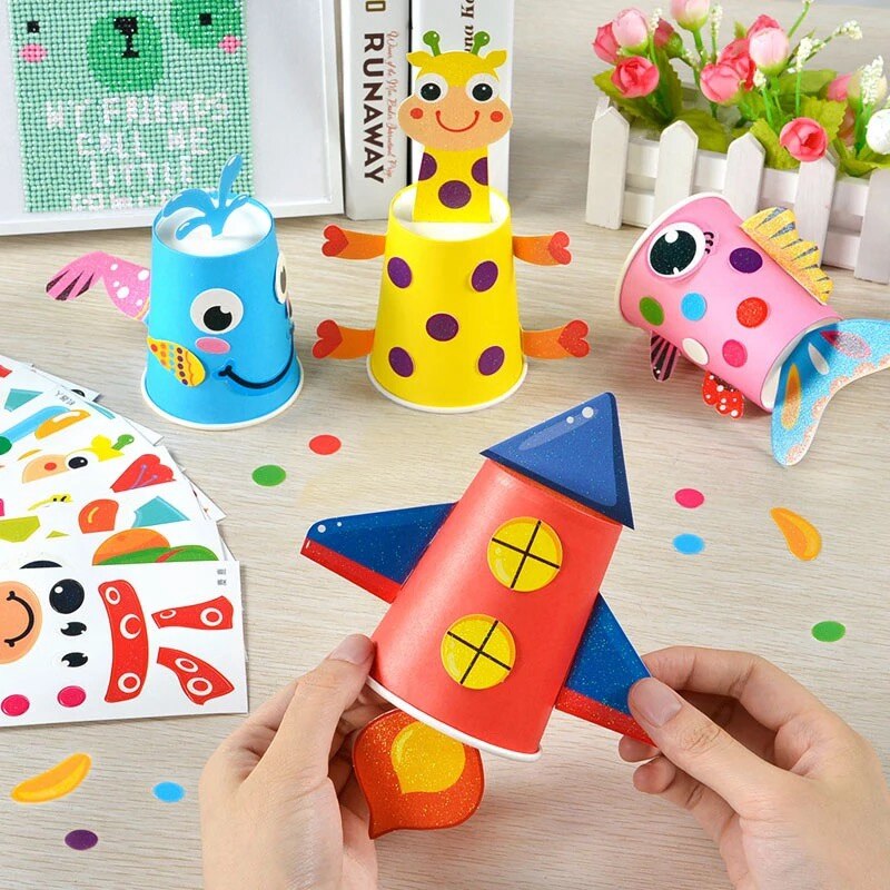 12 st barn 3d diy handgjorda pappersmuggar klistermärke material kit hel uppsättning barn förskola skolhantverk pedagogiska leksaker