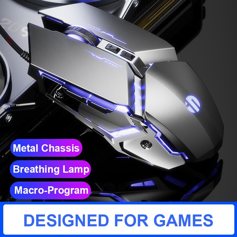 InPhic Home-ratón silencioso con cable USB de 4800DPI, dispositivo de programación de Macro de 6 teclas, con sensación de juego para deportes electrónicos, para PC, portátil y Notebook