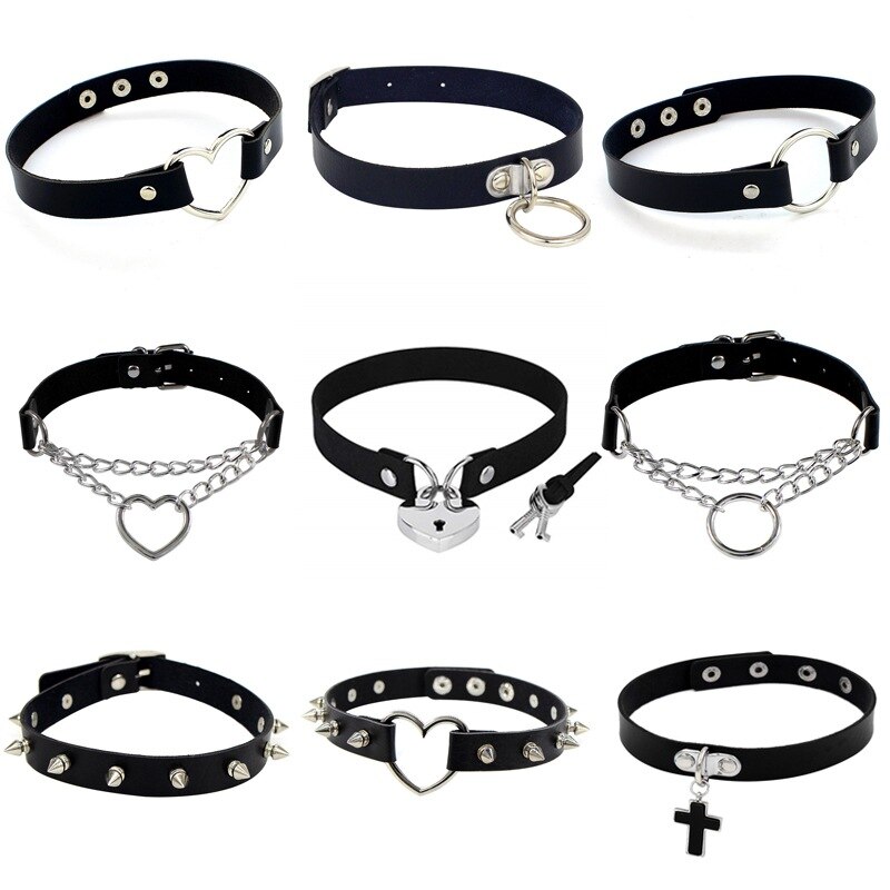 Punk Pu Lederen Lock Key Hart Ronde Spike Klinknagel Kraag Bezaaid Choker Ketting Lichaam Sieraden Party Chocker