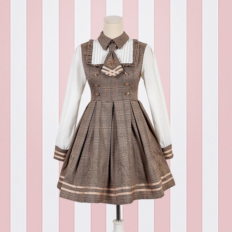 Costume japonais pour filles, Kawaii, tenue à carreaux pour collège, Style britannique, robe Renaissance victorienne, robe de soirée thé VO782: Brown dress / M