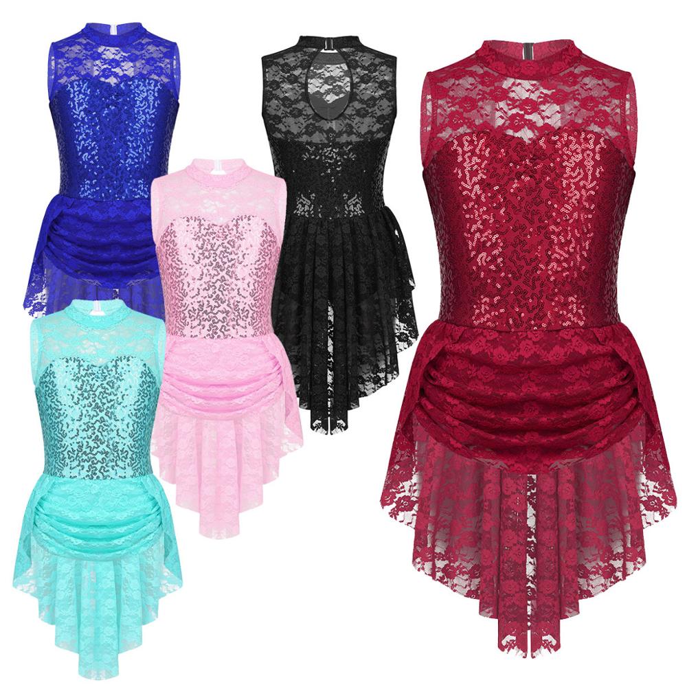 iiniim Kids Girls Sequins Ice Figure Skating Dress Lace Print Gymnastics Leotard Costumes for Teen Ballerina Dance Tutu Dress