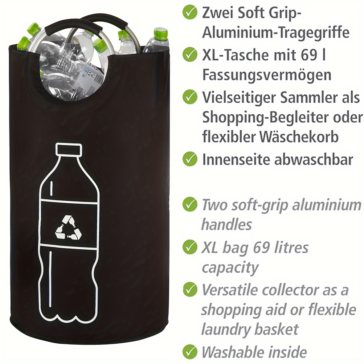 Poubelle de recyclage pliable pour bouteilles, poignée en aluminium, panier pour vêtements sales, collecteur en polyester de 82 L, usage domestique, aucune électricité nécessaire