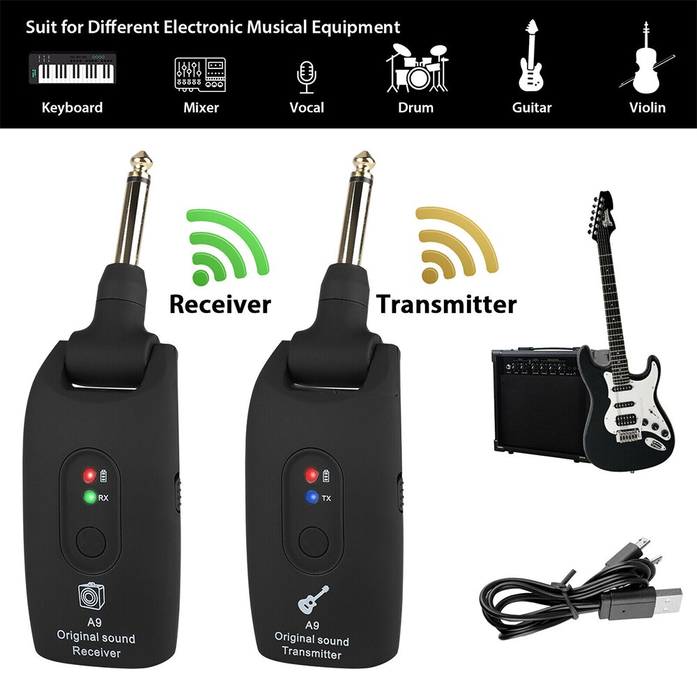 A9 UHF Wireless Electric Guitar Transmitter Receiver System 2.4GHz Rechargeable 4 Channels for Electric Guitar Bass Organ