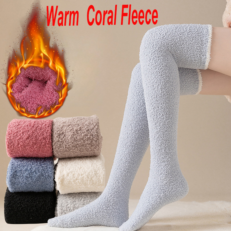 Winter Koraal Fleece Dij Hoge Sokken Vrouwen Pluche Warm Been Warmer Dij Kniebeschermers Kousen Effen Kleur Thuis Vloer Lange Sokkingen